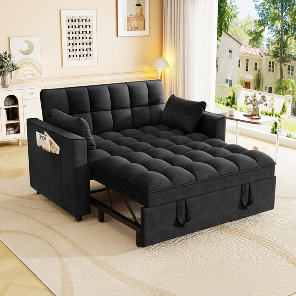 English Elm Sleeper Loveseat Sofa with Velvet Upholstery Foldable Bed and Side Pockets for Apartments Black W1825P332360