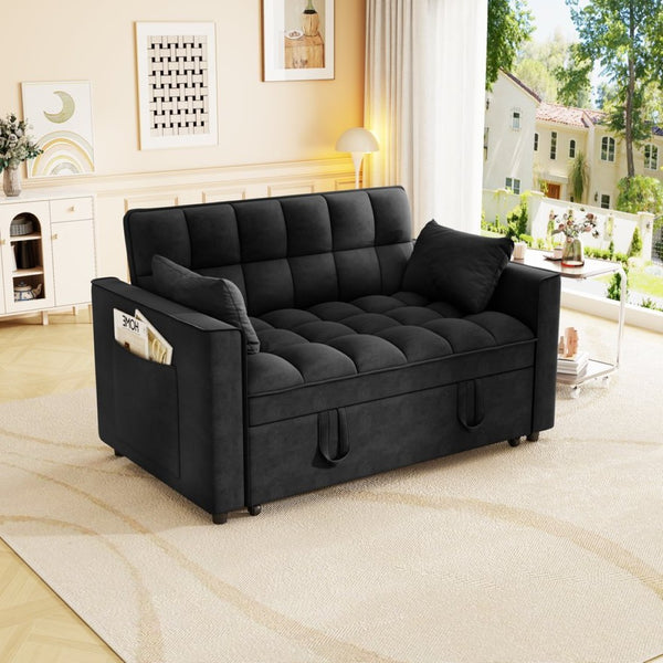 English Elm Sleeper Loveseat Sofa with Velvet Upholstery Foldable Bed and Side Pockets for Apartments Black W1825P332360