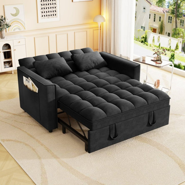 English Elm Sleeper Loveseat Sofa with Velvet Upholstery Foldable Bed and Side Pockets for Apartments Black W1825P332360