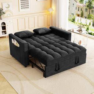 English Elm Sleeper Loveseat Sofa with Velvet Upholstery Foldable Bed and Side Pockets for Apartments Black W1825P332360
