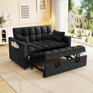 English Elm Sleeper Loveseat Sofa with Velvet Upholstery Foldable Bed and Side Pockets for Apartments Black W1825P332360