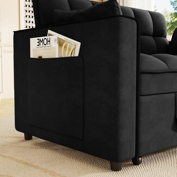 English Elm Sleeper Loveseat Sofa with Velvet Upholstery Foldable Bed and Side Pockets for Apartments Black W1825P332360