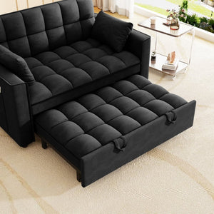 English Elm Sleeper Loveseat Sofa with Velvet Upholstery Foldable Bed and Side Pockets for Apartments Black W1825P332360