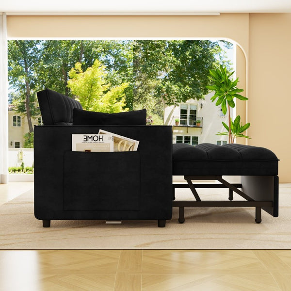 English Elm Sleeper Loveseat Sofa with Velvet Upholstery Foldable Bed and Side Pockets for Apartments Black W1825P332360