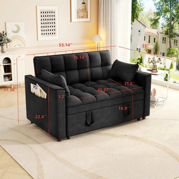 English Elm Sleeper Loveseat Sofa with Velvet Upholstery Foldable Bed and Side Pockets for Apartments Black W1825P332360