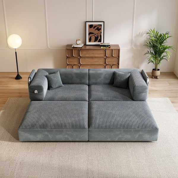 English Elm 5-in-1 Convertible Floor Sofa with Cloud Corduroy Upholstery for Studio Living Gray W1825P360999