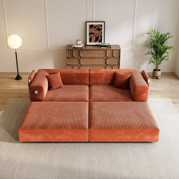 English Elm 5-in-1 Convertible Floor Sofa with Cloud Corduroy Upholstery for Studio Living Orange W1825P361003