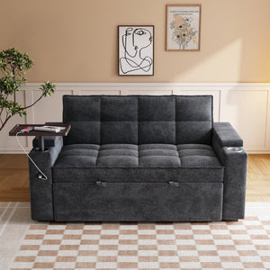 English Elm 65 Inch Chenille Velvet Convertible Sofa Bed with Swivel Tray and Built-In Charging Ports W1825P452787