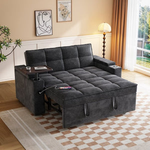 English Elm 65 Inch Chenille Velvet Convertible Sofa Bed with Swivel Tray and Built-In Charging Ports W1825P452787