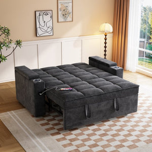 English Elm 65 Inch Chenille Velvet Convertible Sofa Bed with Swivel Tray and Built-In Charging Ports W1825P452787