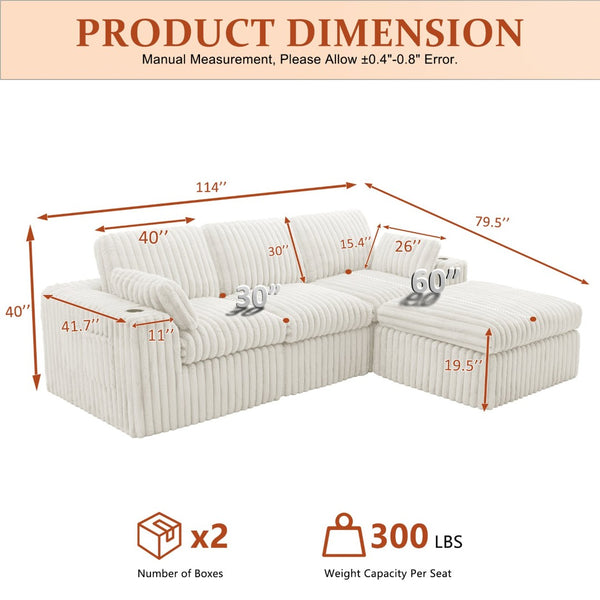 English Elm L Shaped Corduroy Sectional Sleeper Sofa Modular Space Saving Couch for Any Room Beige W1825S00038