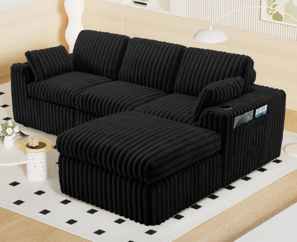 English Elm L Shaped Corduroy Sectional Sleeper Sofa Modular Space Saving Couch for Any Room Black W1825S00039