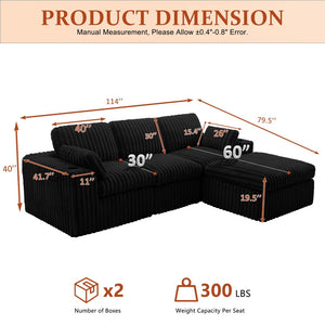 English Elm L Shaped Corduroy Sectional Sleeper Sofa Modular Space Saving Couch for Any Room Black W1825S00039