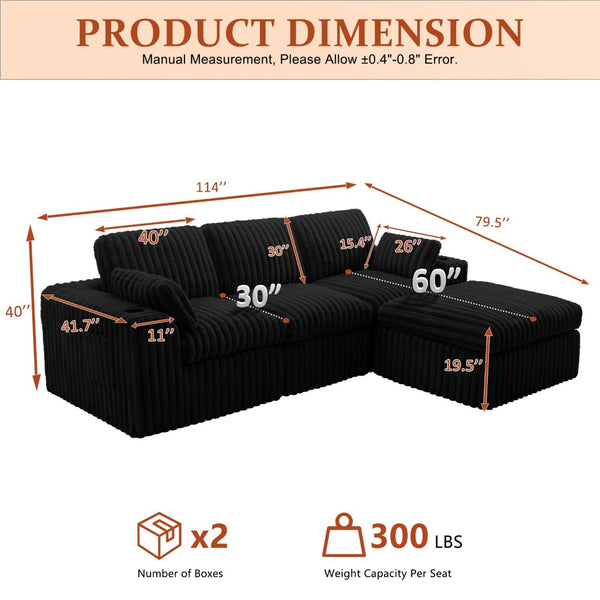 English Elm L Shaped Corduroy Sectional Sleeper Sofa Modular Space Saving Couch for Any Room Black W1825S00039