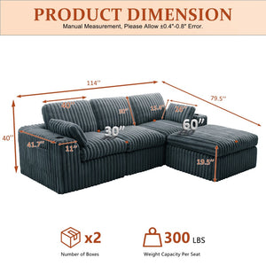English Elm L Shaped Corduroy Sectional Sleeper Sofa Modular Space Saving Couch for Any Room Gray W1825S00040