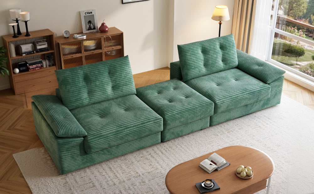 English Elm L Shaped Corduroy Sectional Modular Sofa with Chaise Cloud Cushions for Apartment Living Green W1825S00044