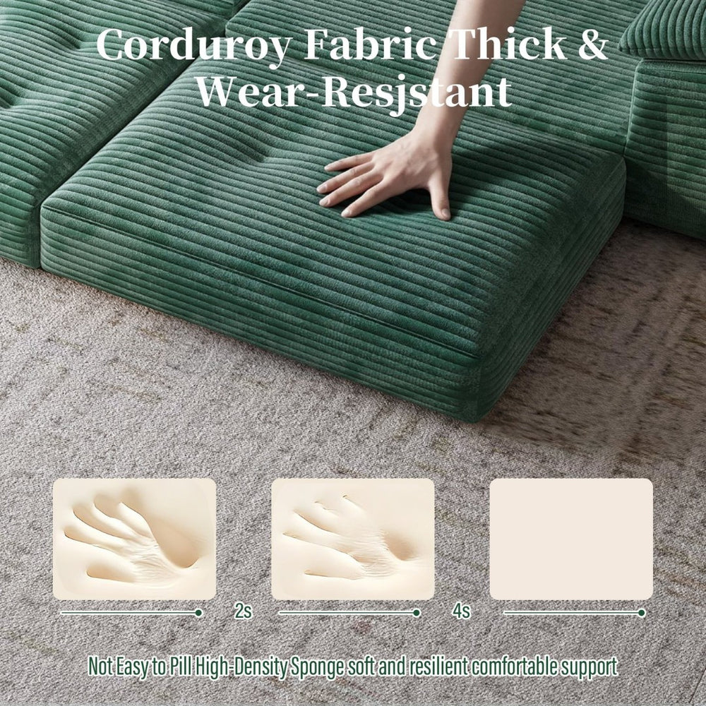 English Elm L Shaped Corduroy Sectional Modular Sofa with Chaise Cloud Cushions for Apartment Living Green W1825S00044