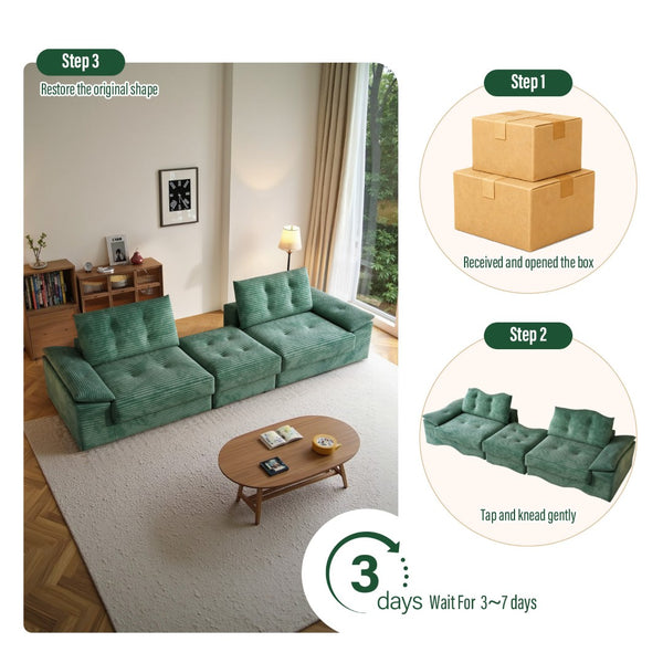 English Elm L Shaped Corduroy Sectional Modular Sofa with Chaise Cloud Cushions for Apartment Living Green W1825S00044