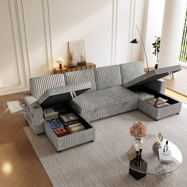 English Elm U Shaped Corduroy Sleeper Sectional with Storage Chaise and Built in Charging Station Gray W1825S00078
