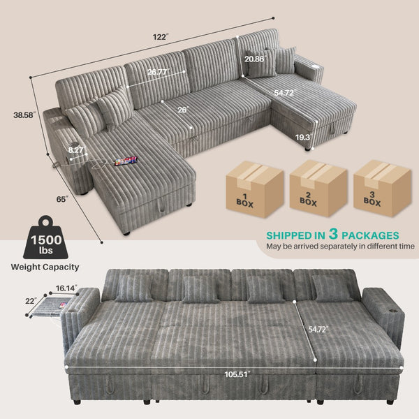 English Elm U Shaped Corduroy Sleeper Sectional with Storage Chaise and Built in Charging Station Gray W1825S00078