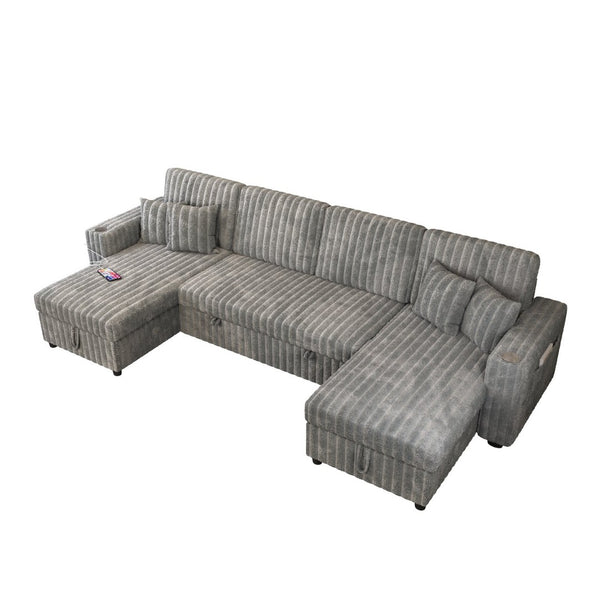 English Elm U Shaped Corduroy Sleeper Sectional with Storage Chaise and Built in Charging Station Gray W1825S00078