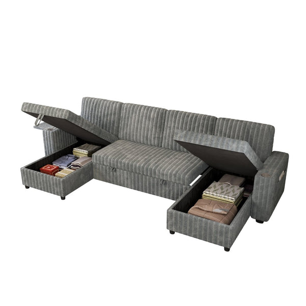 English Elm U Shaped Corduroy Sleeper Sectional with Storage Chaise and Built in Charging Station Gray W1825S00078