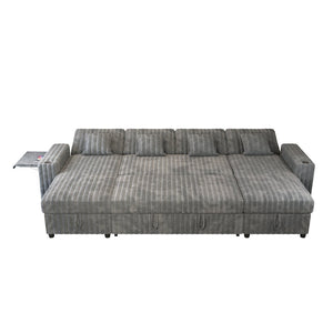 English Elm U Shaped Corduroy Sleeper Sectional with Storage Chaise and Built in Charging Station Gray W1825S00078