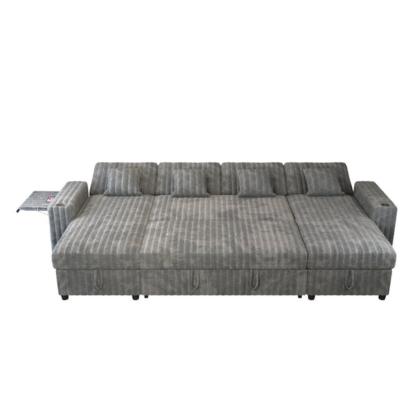 English Elm U Shaped Corduroy Sleeper Sectional with Storage Chaise and Built in Charging Station Gray W1825S00078