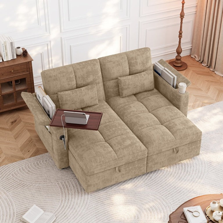 English Elm 66.33 Inch Chenille Sleeper Sectional with Storage Chaise and USB Port for Apartment W1825S00123