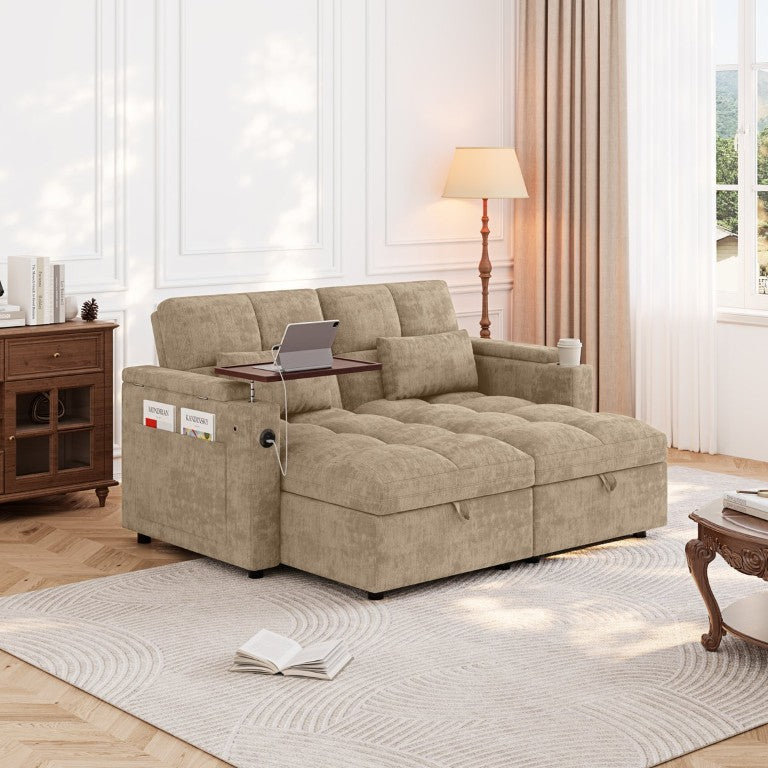 English Elm 66.33 Inch Chenille Sleeper Sectional with Storage Chaise and USB Port for Apartment W1825S00123