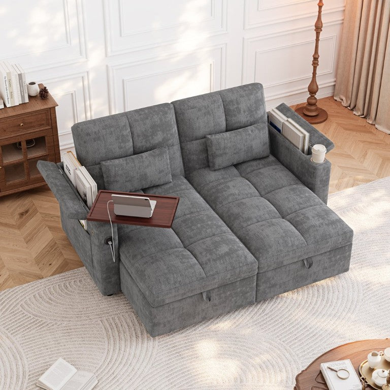 English Elm 66.33 Inch Chenille Sleeper Sectional with Storage Chaise and USB Port for Apartments Gray W1825S00125