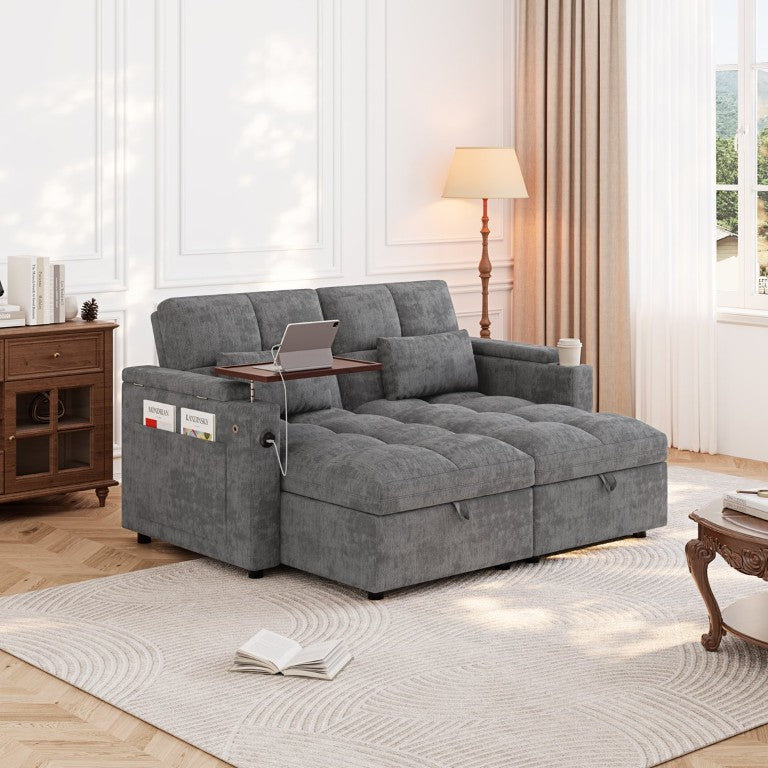 English Elm 66.33 Inch Chenille Sleeper Sectional with Storage Chaise and USB Port for Apartments Gray W1825S00125