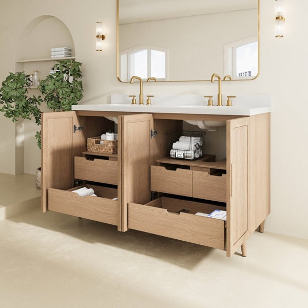 English Elm Fully Assembled 60 Inch Single Sink Vanity Solid Rubberwood Cabinet Carrara Style Top W1826P449925
