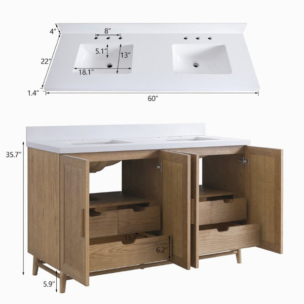 English Elm Fully Assembled 60 Inch Single Sink Vanity Solid Rubberwood Cabinet Carrara Style Top W1826P449925