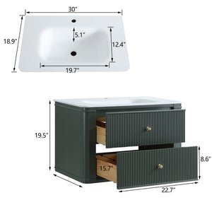 English Elm 30" Floating Wall Mounted Sage Green Vanity with Acrylic Basin Two Soft Close Drawers W1826P449926
