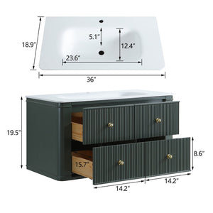 English Elm 36" Floating Sage Green Bathroom Vanity with Integrated Acrylic Basin Two Drawers W1826P449927