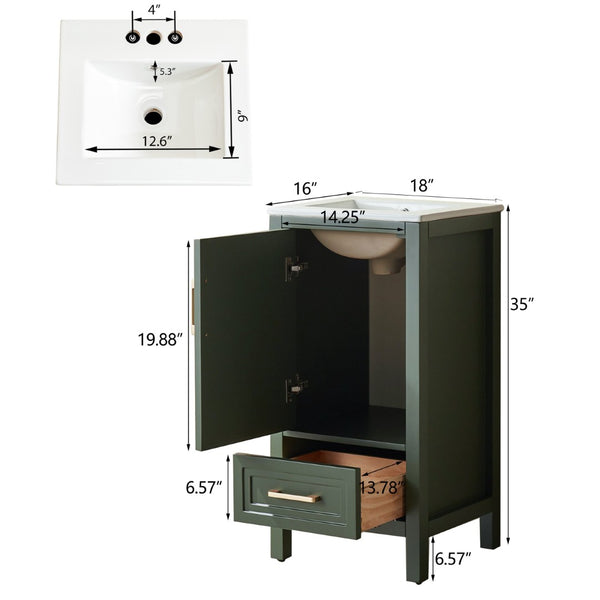 English Elm Fully Assembled 18 Inch Bathroom Vanity with Ceramic Sink Top and Soft Close Doors Green W1826P499004