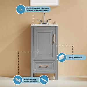 English Elm Fully Assembled 18 Inch Bathroom Vanity with Ceramic Sink Top and Soft Close Doors Grey W1826P499005
