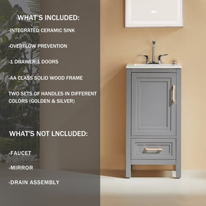 English Elm Fully Assembled 18 Inch Bathroom Vanity with Ceramic Sink Top and Soft Close Doors Grey W1826P499005