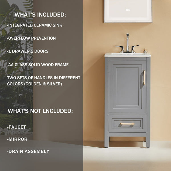 English Elm Fully Assembled 18 Inch Bathroom Vanity with Ceramic Sink Top and Soft Close Doors Grey W1826P499005