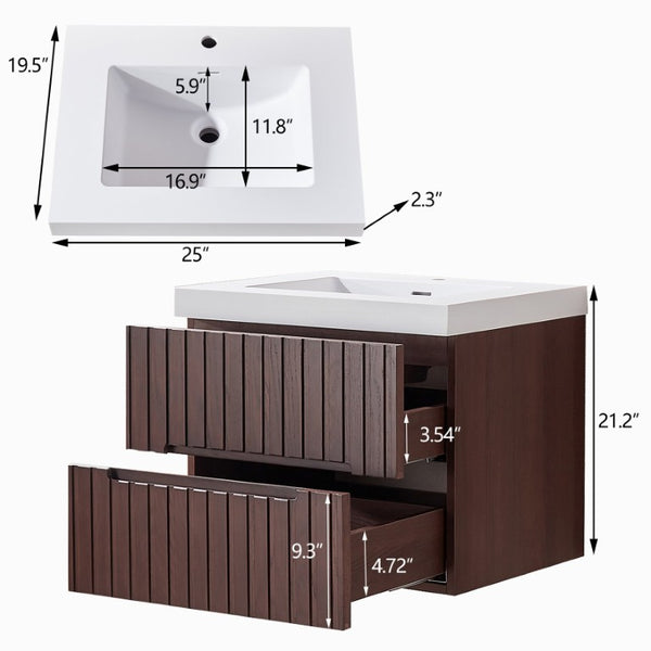 English Elm 24 Inch Floating Bathroom Vanity Dark Walnut Plywood Cabinet Integrated Acrylic Basin W1826P527581