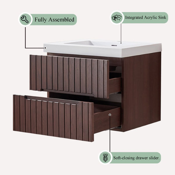English Elm 24 Inch Floating Bathroom Vanity Dark Walnut Plywood Cabinet Integrated Acrylic Basin W1826P527581