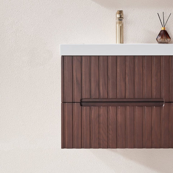 English Elm 24 Inch Floating Bathroom Vanity Dark Walnut Plywood Cabinet Integrated Acrylic Basin W1826P527581