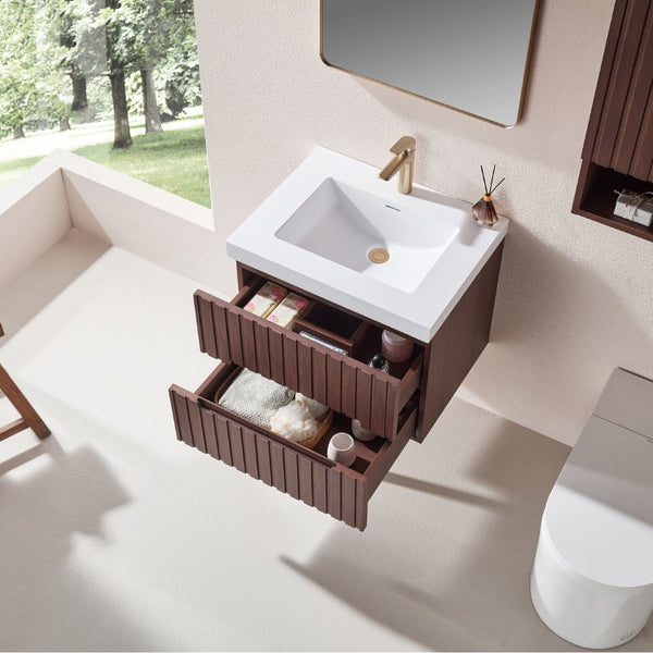 English Elm 24 Inch Floating Bathroom Vanity Dark Walnut Plywood Cabinet Integrated Acrylic Basin W1826P527581