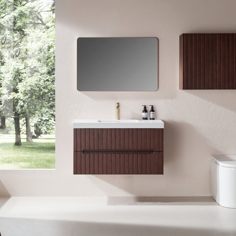 English Elm 36 Inch Floating Bathroom Vanity in Dark Walnut with Integrated Acrylic Basin Two Drawers W1826P527589