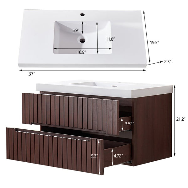 English Elm 36 Inch Floating Bathroom Vanity in Dark Walnut with Integrated Acrylic Basin Two Drawers W1826P527589