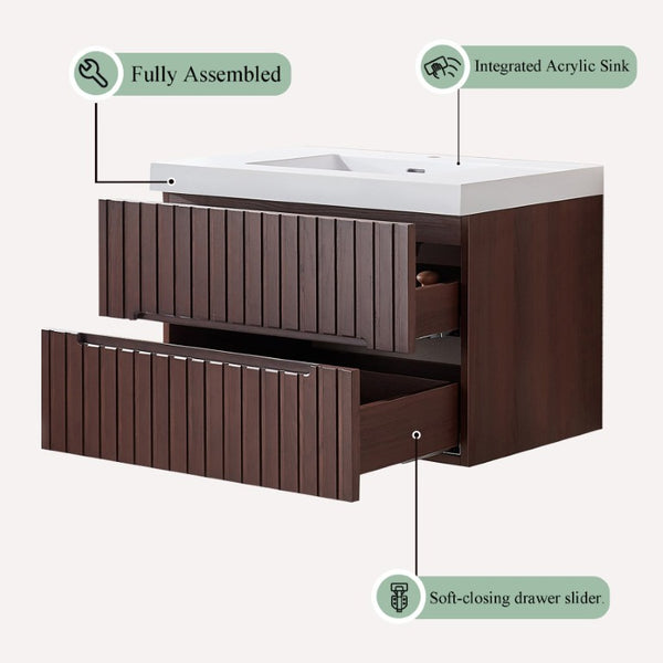 English Elm 36 Inch Floating Bathroom Vanity in Dark Walnut with Integrated Acrylic Basin Two Drawers W1826P527589