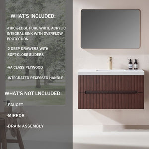 English Elm 36 Inch Floating Bathroom Vanity in Dark Walnut with Integrated Acrylic Basin Two Drawers W1826P527589