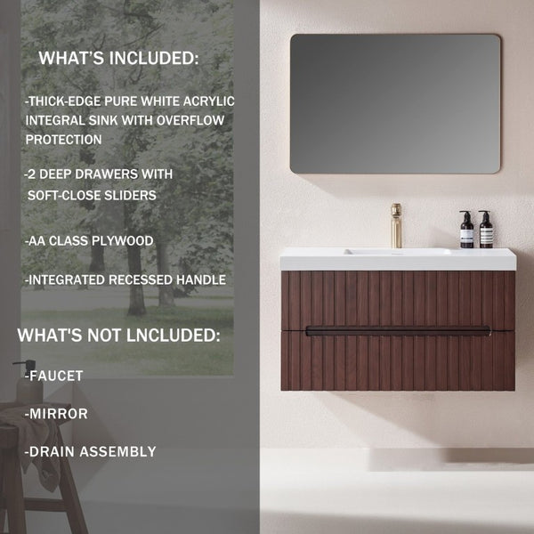 English Elm 36 Inch Floating Bathroom Vanity in Dark Walnut with Integrated Acrylic Basin Two Drawers W1826P527589