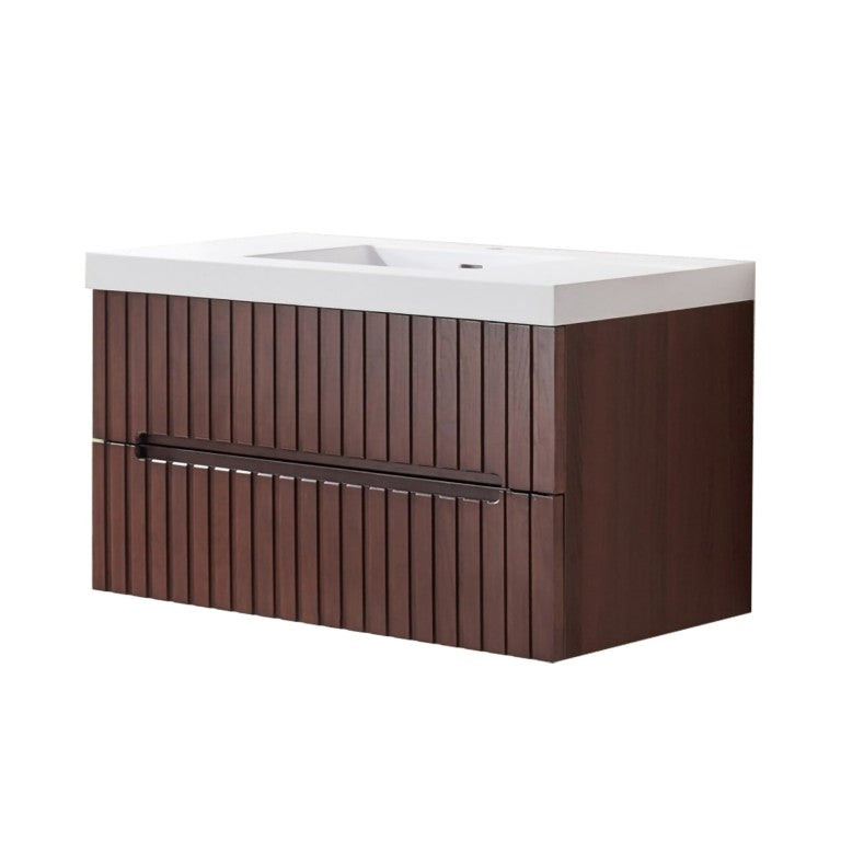 English Elm 36 Inch Floating Bathroom Vanity in Dark Walnut with Integrated Acrylic Basin Two Drawers W1826P527589